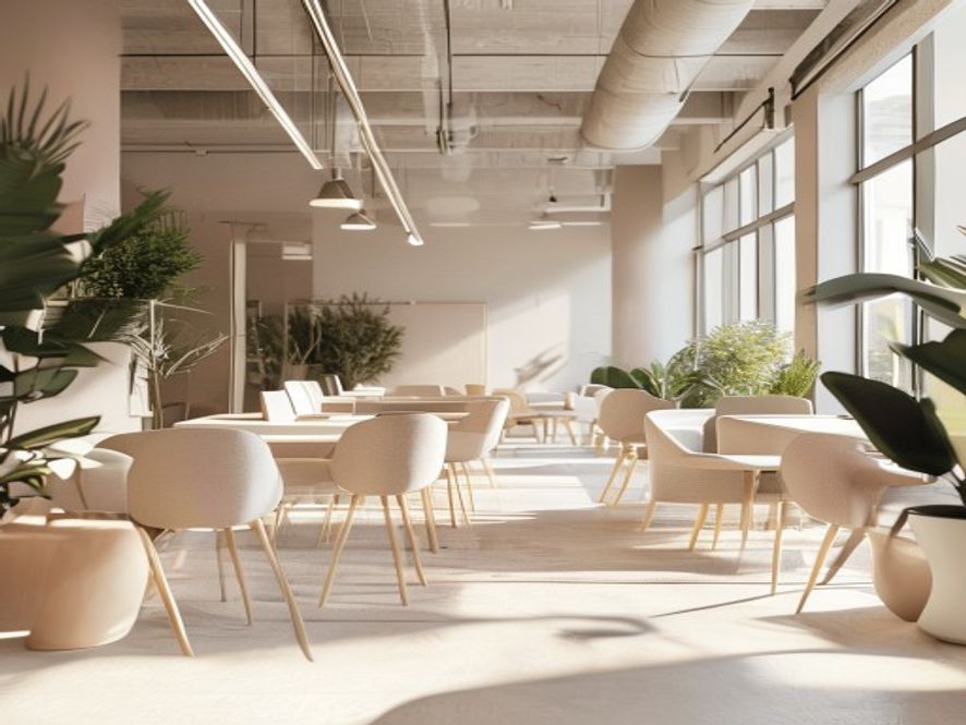 Open office workspace with natural light and employees collaborating informally